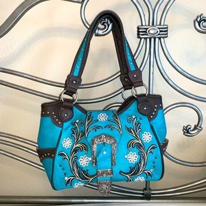 Western turquoise/brown/silver belt buckle rhinestone embroidery gun purse.